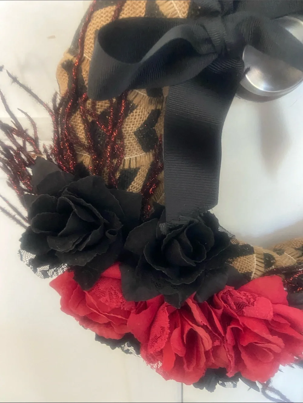 Handcrafted Red & Black Floral Headband with Chevron Burlap